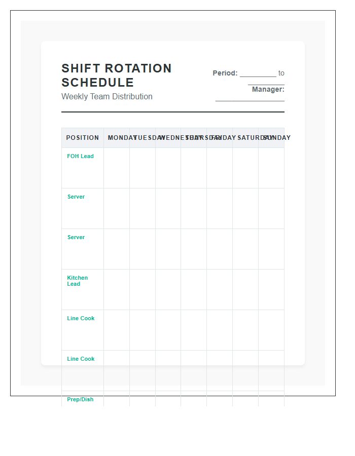 Restaurant Team Shift Rotation Schedule Printable Chart