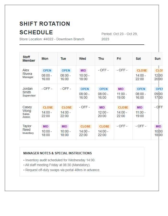 Retail Store Shift Rotation Schedule Printable Chart