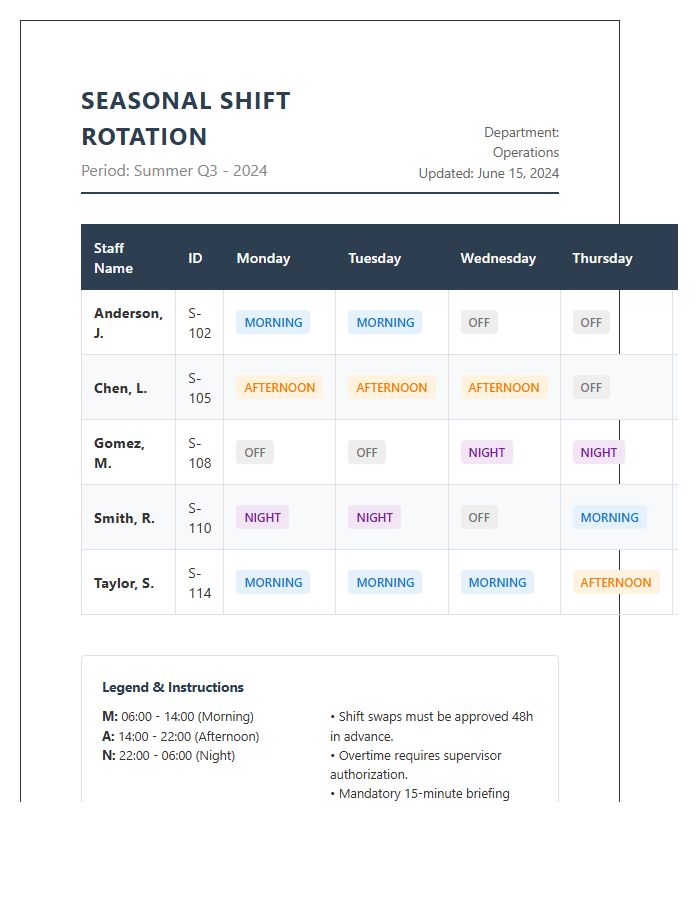 Seasonal Worker Shift Rotation Schedule Printable Chart