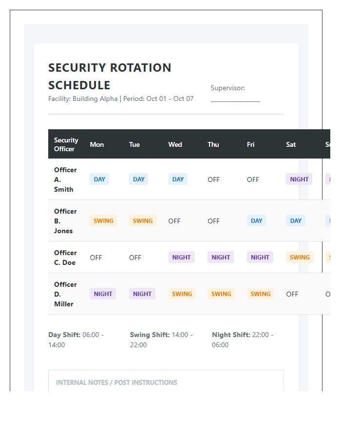 Security Guard Shift Rotation Schedule Printable Chart