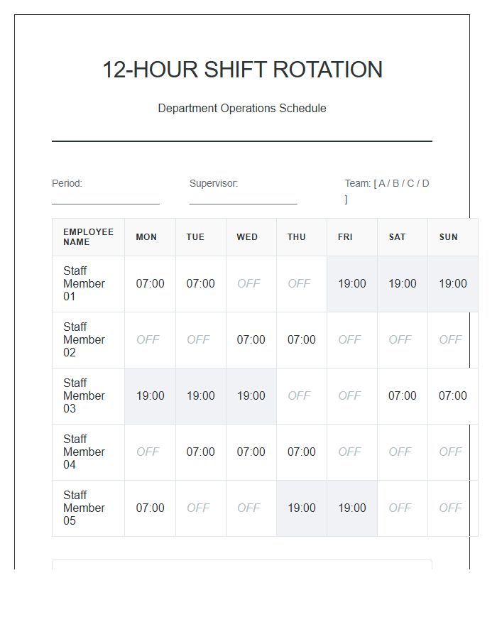 Twelve Hour Shift Rotation Schedule Printable Chart