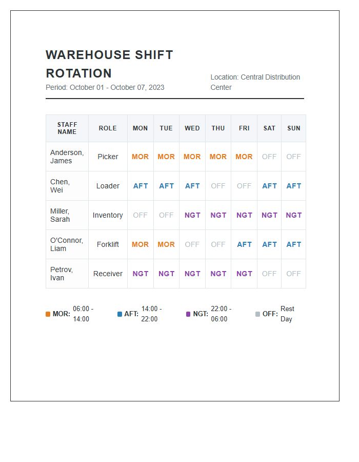 Warehouse Staff Shift Rotation Schedule Printable Chart