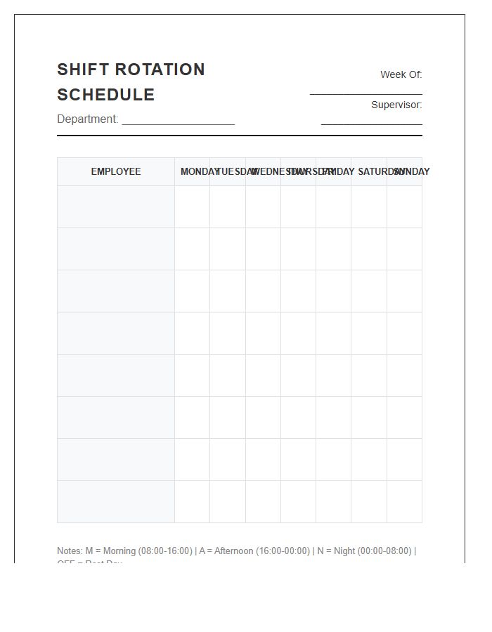 Weekly Employee Shift Rotation Schedule Printable Chart