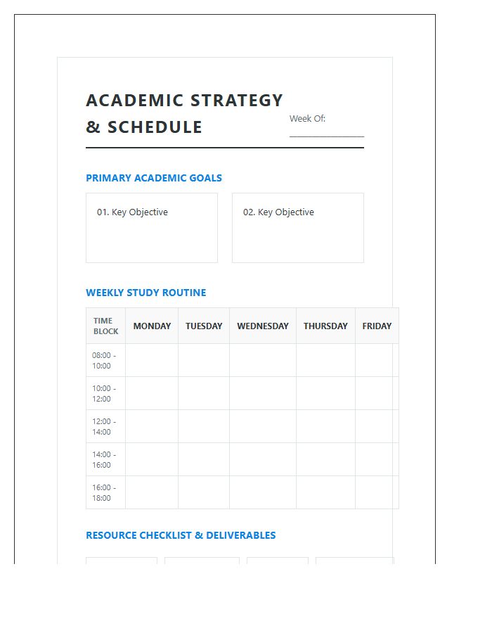 Academic Goal Setting Study Schedule Printable Chart