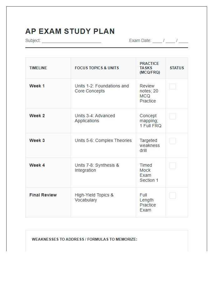 Advanced Placement Exam Study Schedule Printable Chart
