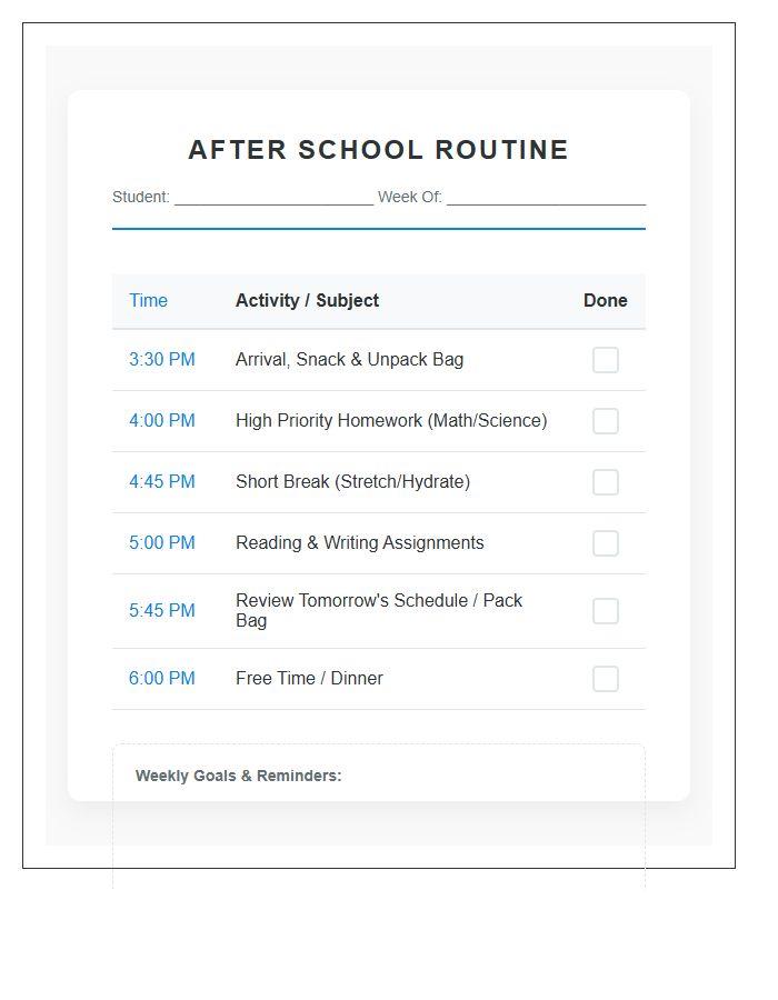 After School Routine Study Schedule Printable Chart