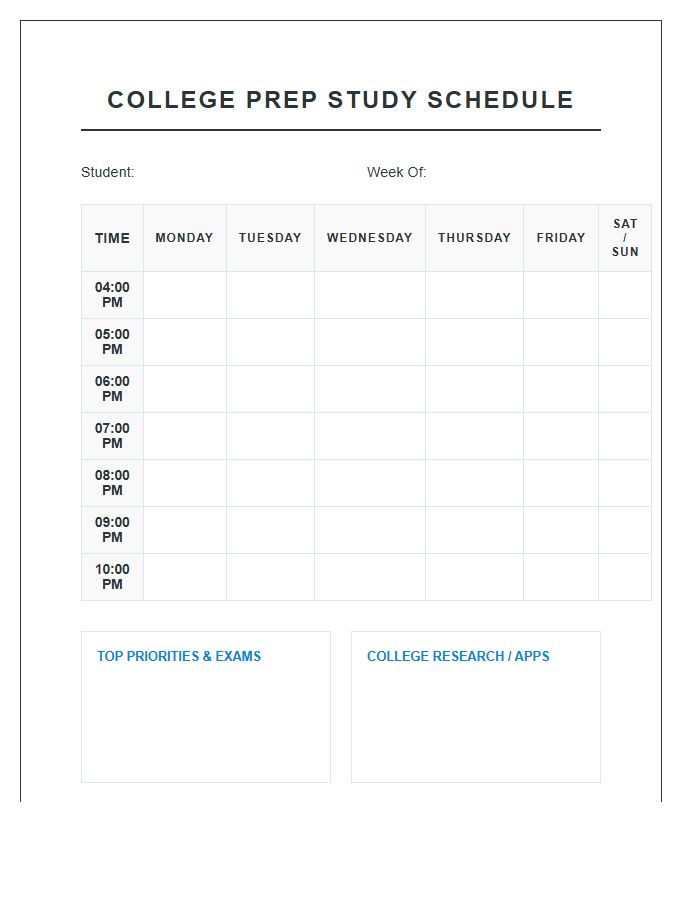 College Prep High School Study Schedule Printable Chart