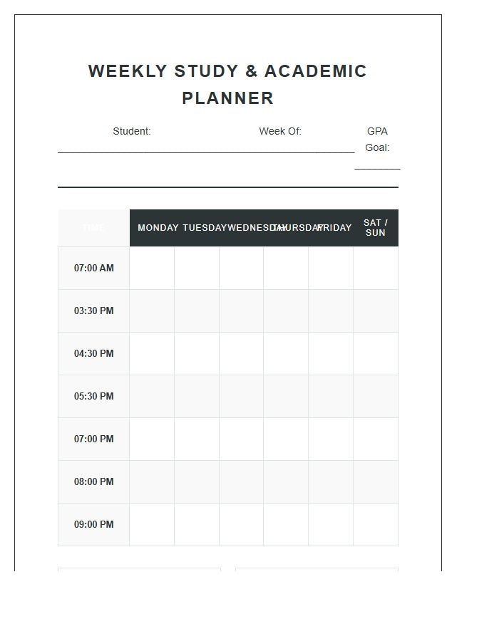 Comprehensive High School Study Schedule Printable Chart