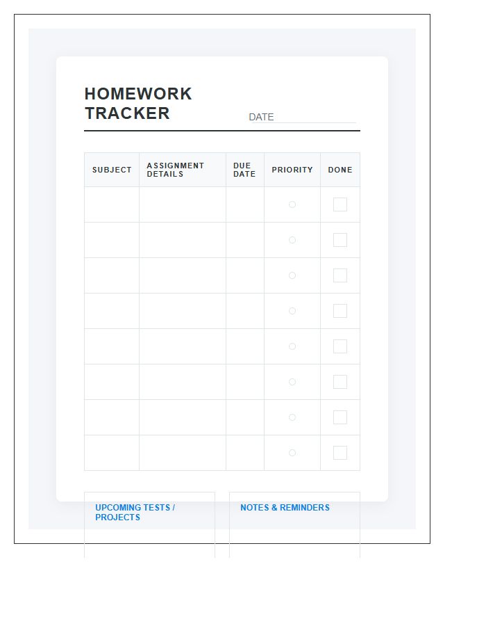 Daily High School Homework Tracker Printable Chart