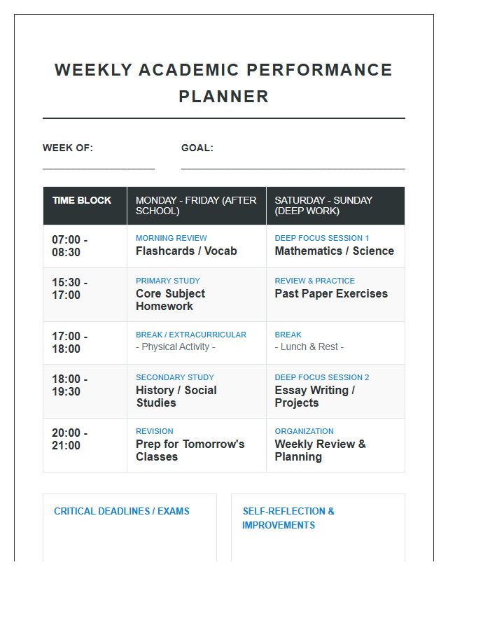 Detailed High School Study Schedule Printable Chart
