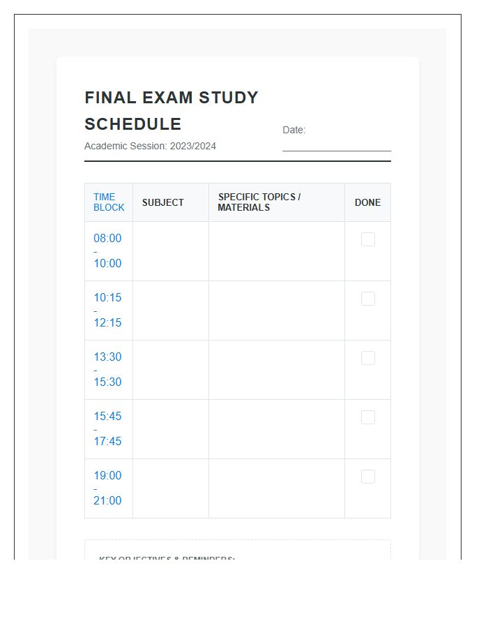 Final Exam Preparation Study Schedule Printable Chart