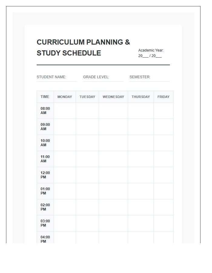 High School Curriculum Planning Study Schedule Printable Chart