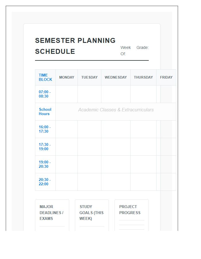 High School Semester Planning Study Schedule Printable Chart
