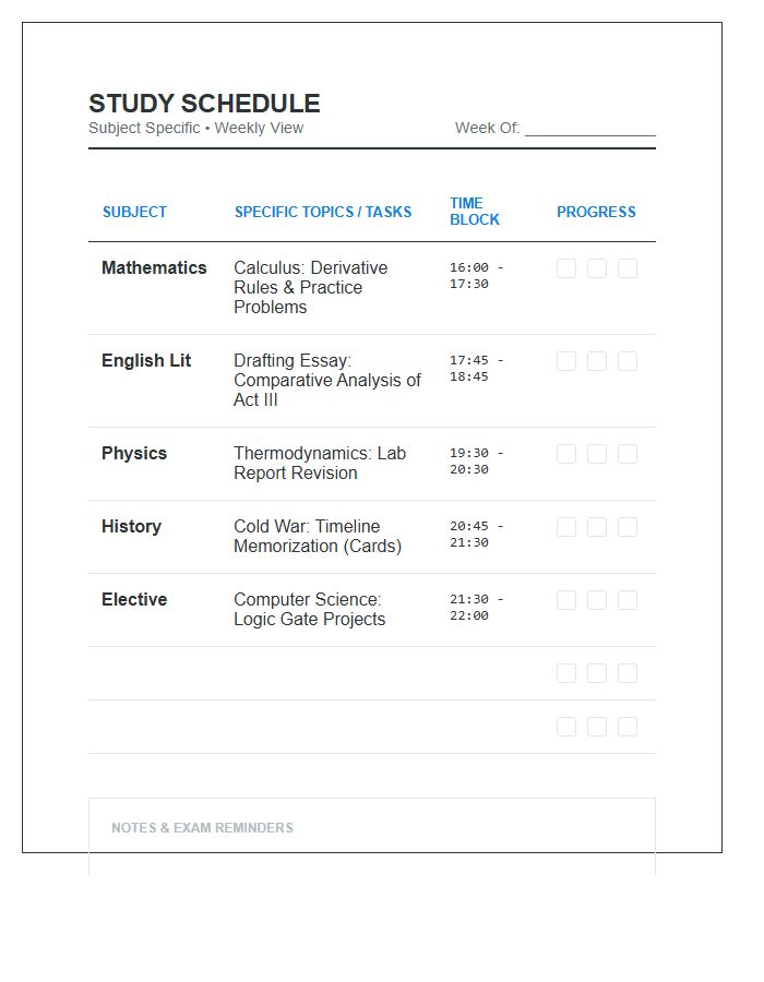 High School Subject Specific Study Schedule Printable Chart