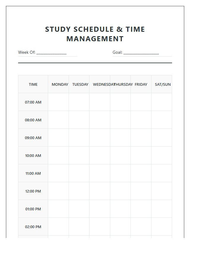 High School Time Management Study Schedule Printable Chart