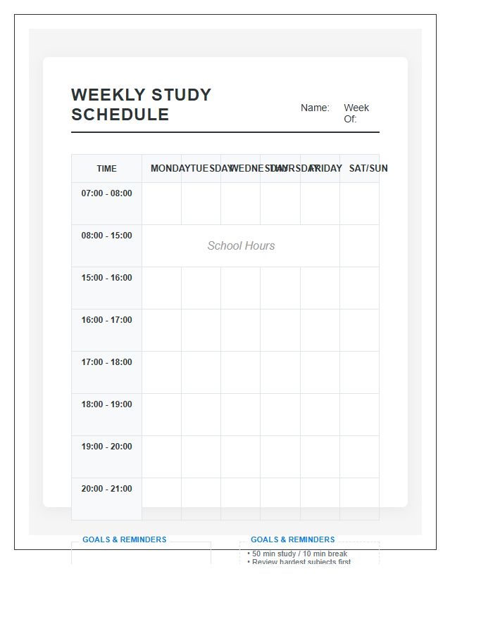 High School Weekly Study Schedule Printable Chart
