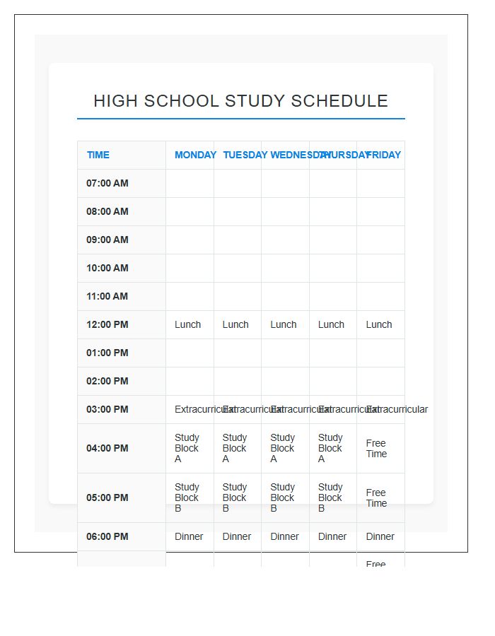 Hourly High School Study Schedule Printable Chart