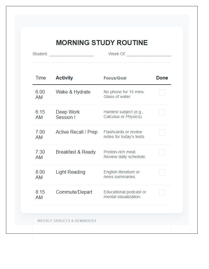 Morning Routine High School Study Schedule Printable Chart