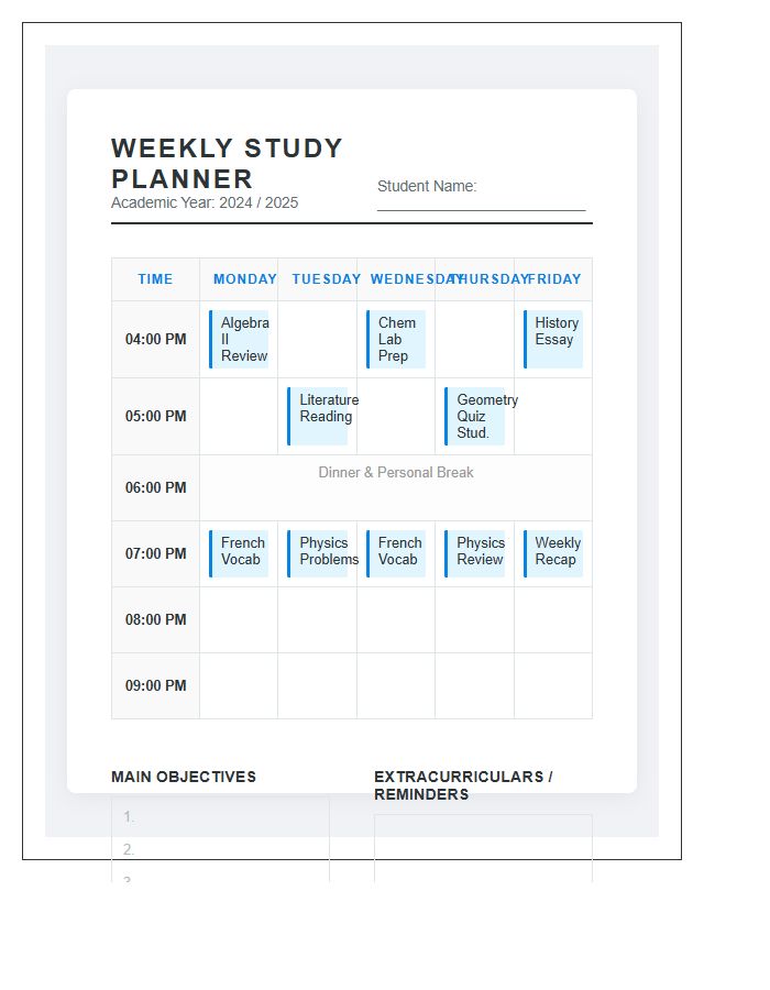 Organized High School Study Schedule Printable Chart