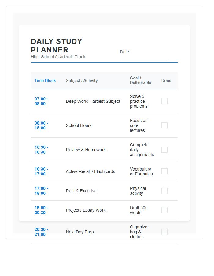 Productive High School Study Schedule Printable Chart