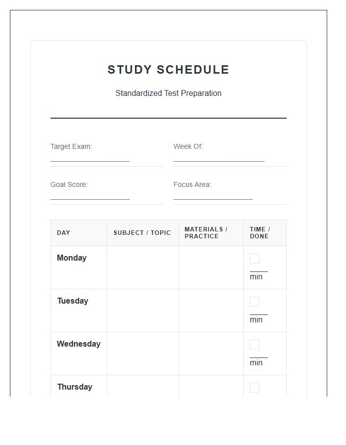 Standardized Test Prep Study Schedule Printable Chart