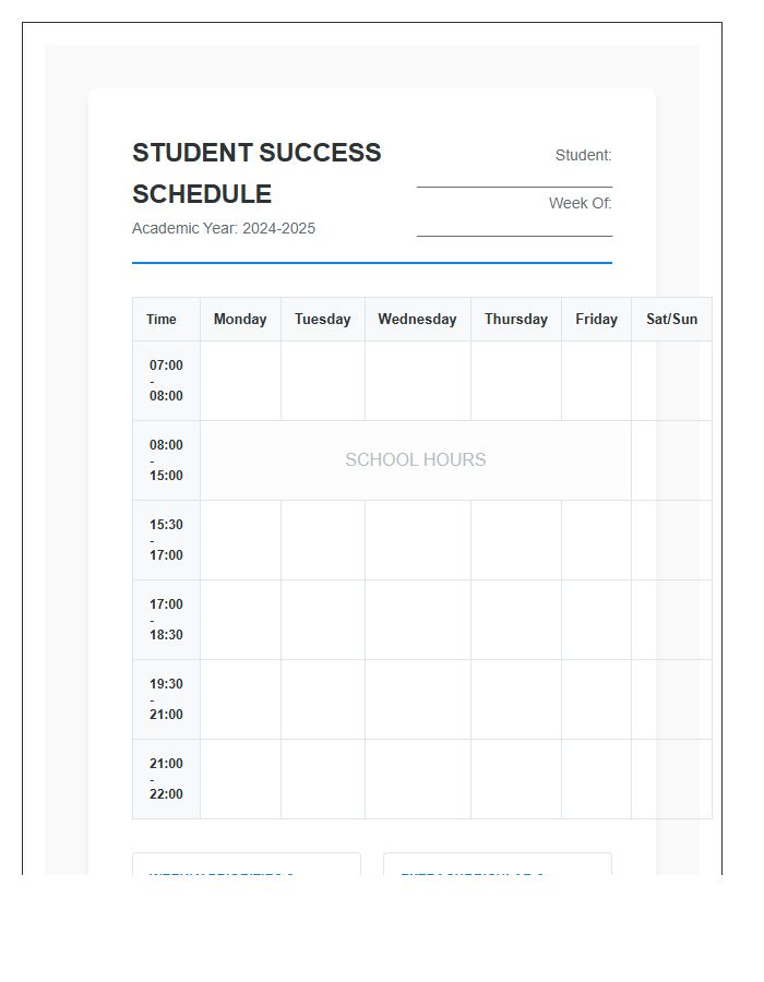 Student Success High School Study Schedule Printable Chart