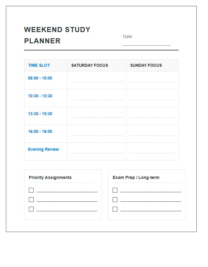 Weekend High School Study Schedule Printable Chart