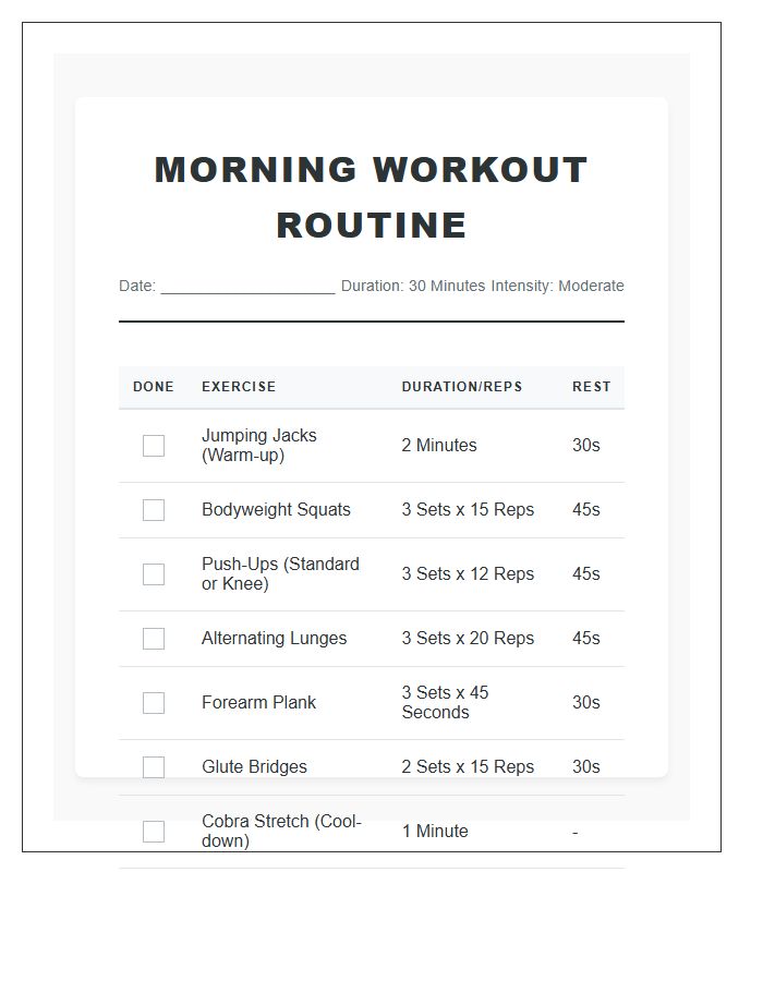 At Home Morning Workout Routine Printable Chart
