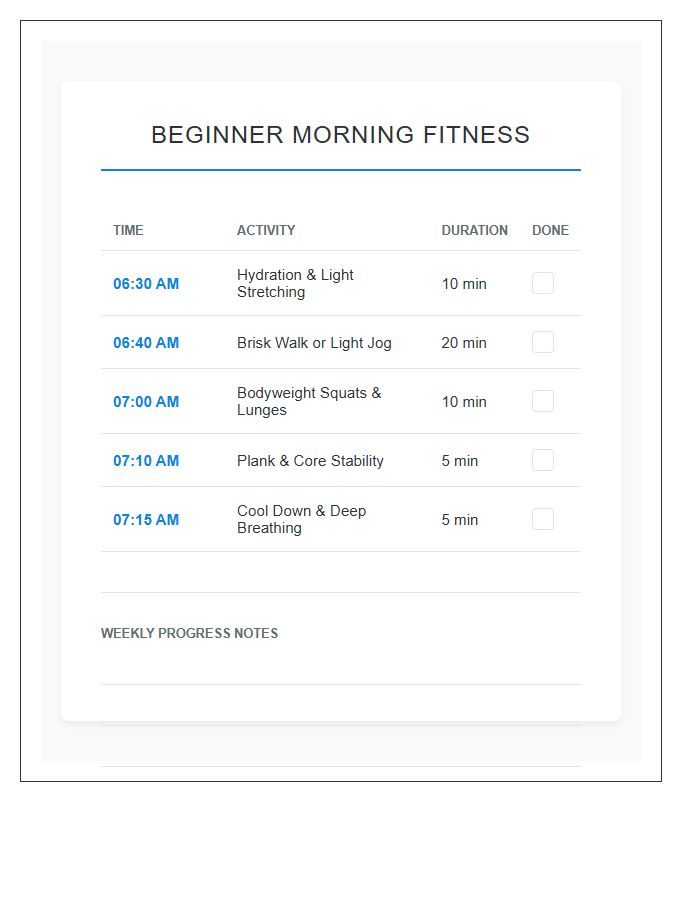 Beginner Morning Fitness Schedule Printable Chart