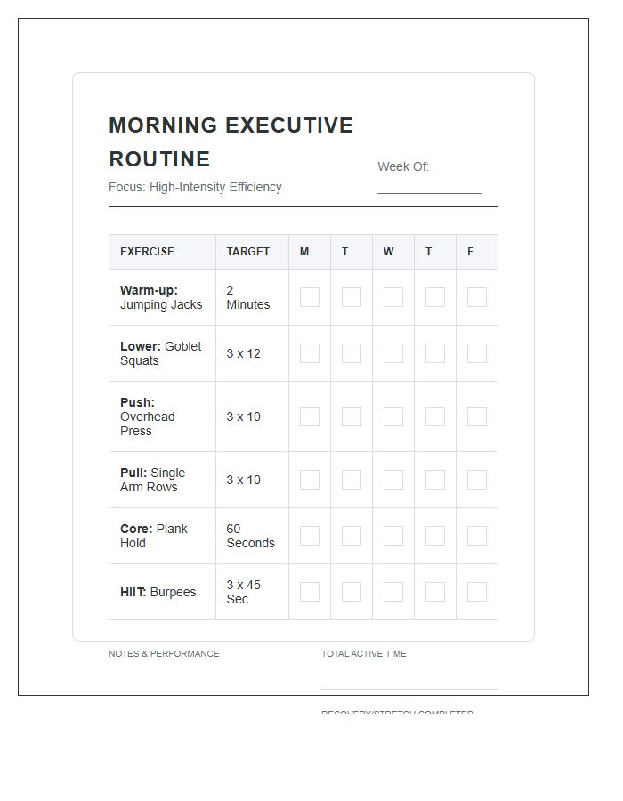 Busy Professional Morning Workout Printable Chart