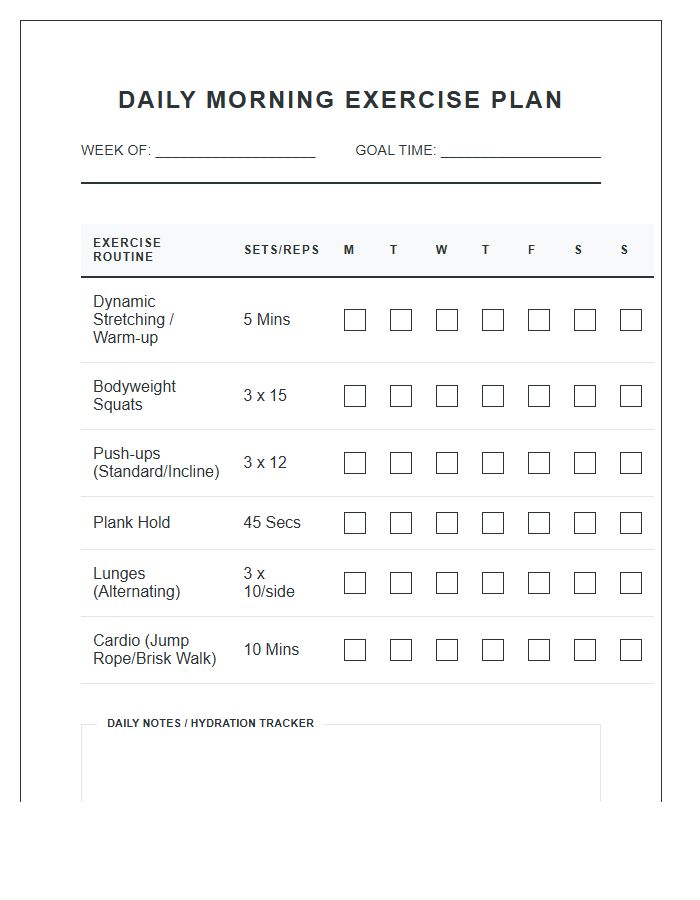 Daily Morning Exercise Plan Printable Chart
