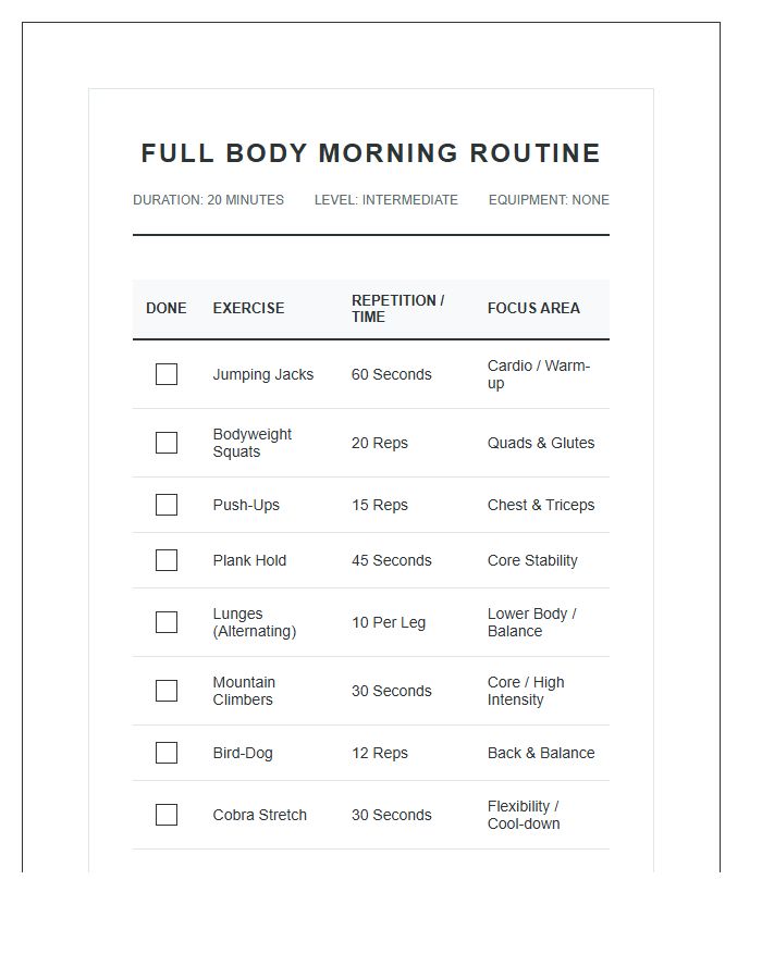 Full Body Morning Exercise Printable Chart