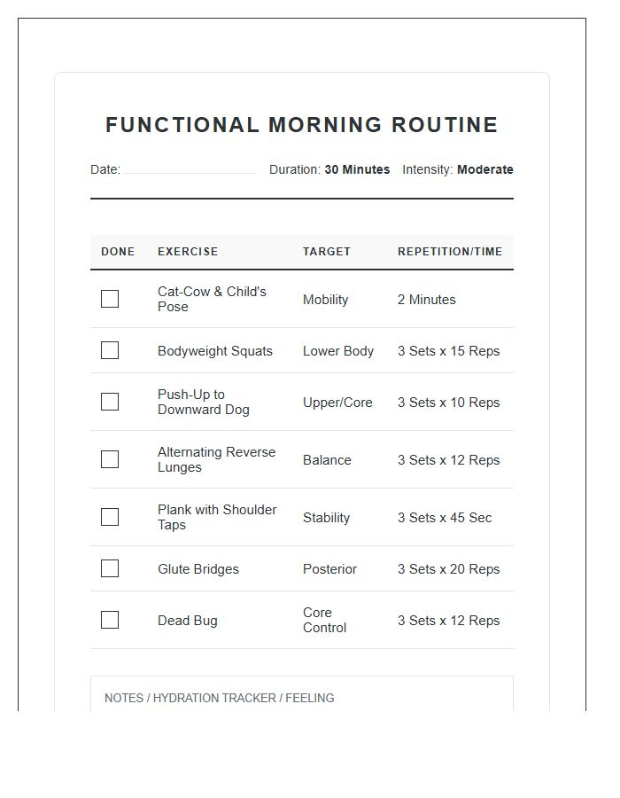 Functional Morning Workout Plan Printable Chart