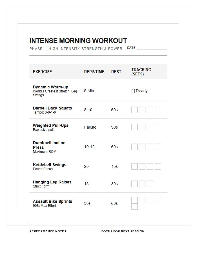 Intense Morning Workout Plan Printable Chart