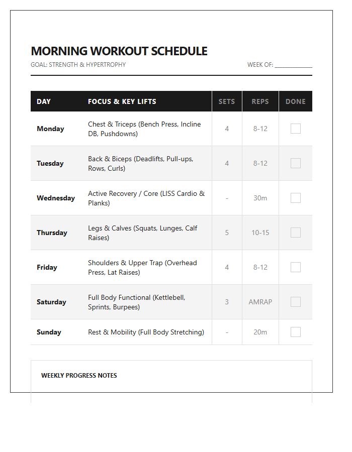 Men's Morning Workout Schedule Printable Chart