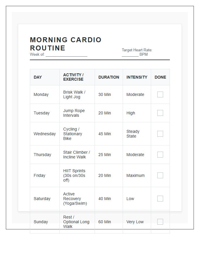 Morning Cardio Routine Plan Printable Chart