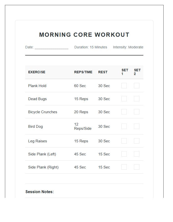 Morning Core Workout Schedule Printable Chart