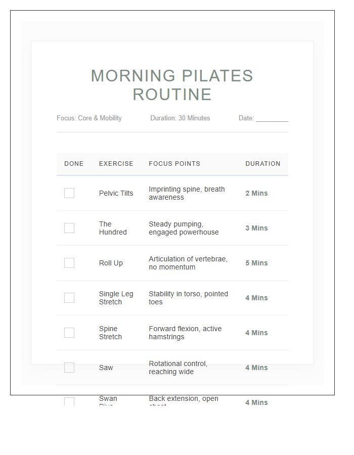 Morning Pilates Routine Schedule Printable Chart