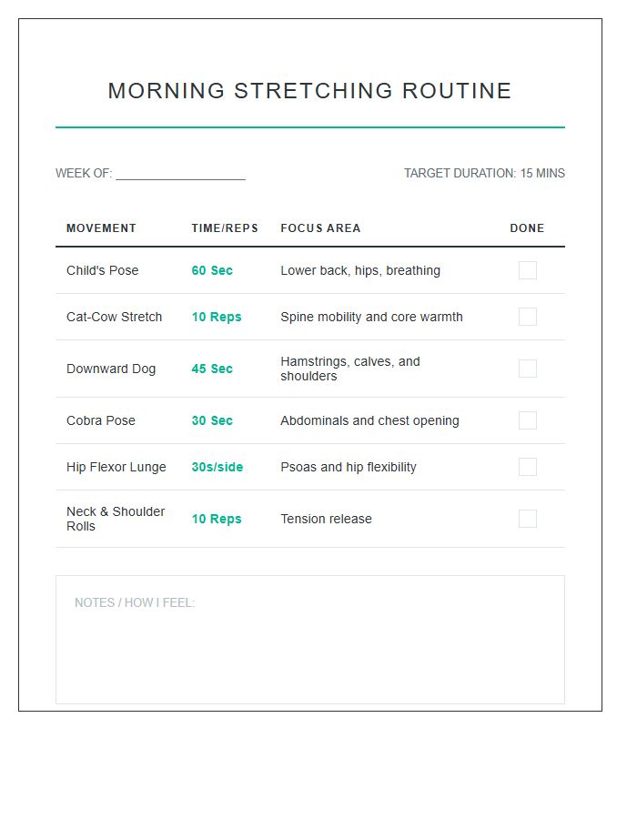 Morning Stretching Routine Schedule Printable Chart