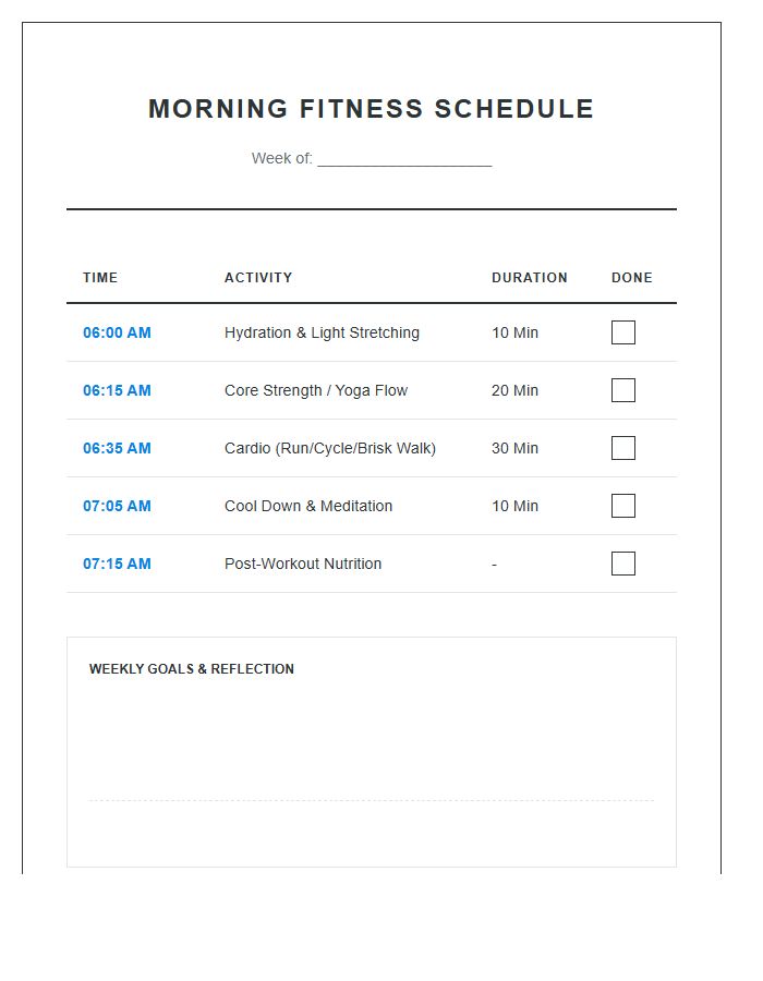 Simple Morning Fitness Schedule Printable Chart