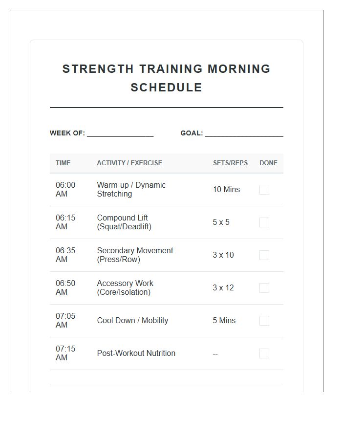 Strength Training Morning Schedule Printable Chart