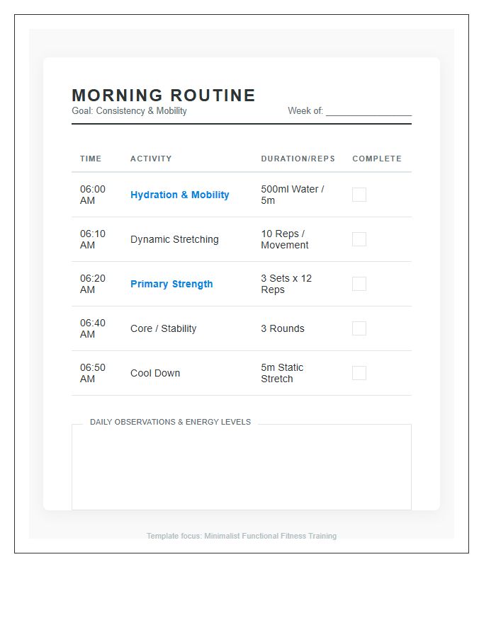 Structured Morning Fitness Routine Printable Chart