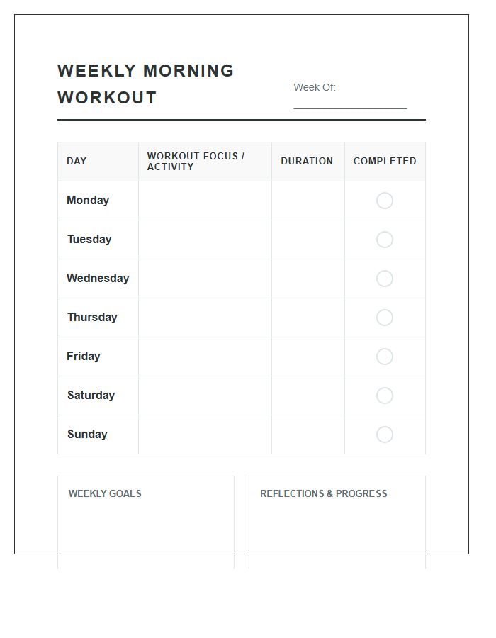 Weekly Morning Workout Tracker Printable Chart
