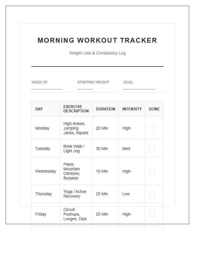 Weight Loss Morning Workout Printable Chart
