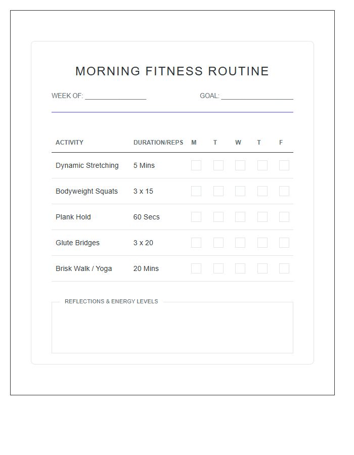 Women's Morning Fitness Routine Printable Chart