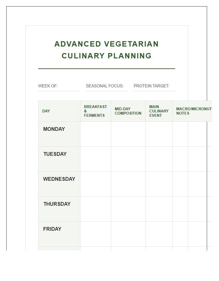 Advanced Vegetarian Culinary Planning Printable Chart