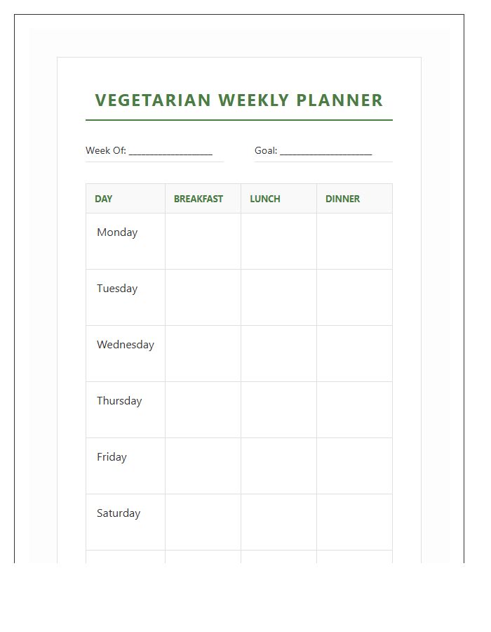 Beginner Vegetarian Diet Planning Printable Chart