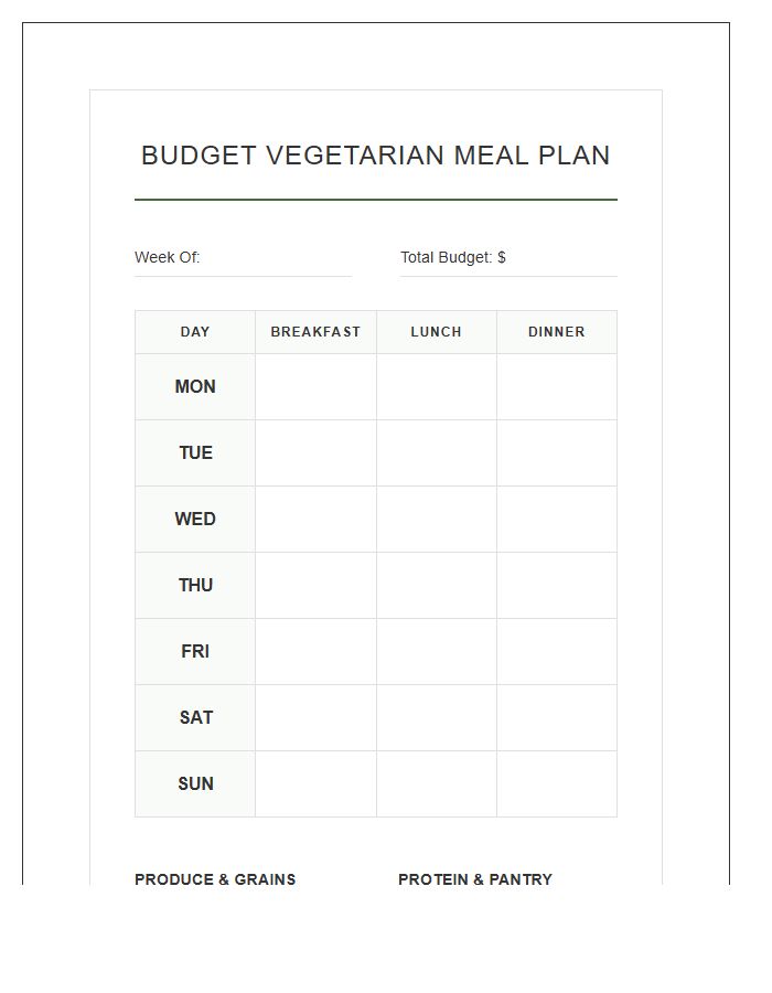 Budget Vegetarian Meal Planning Printable Chart