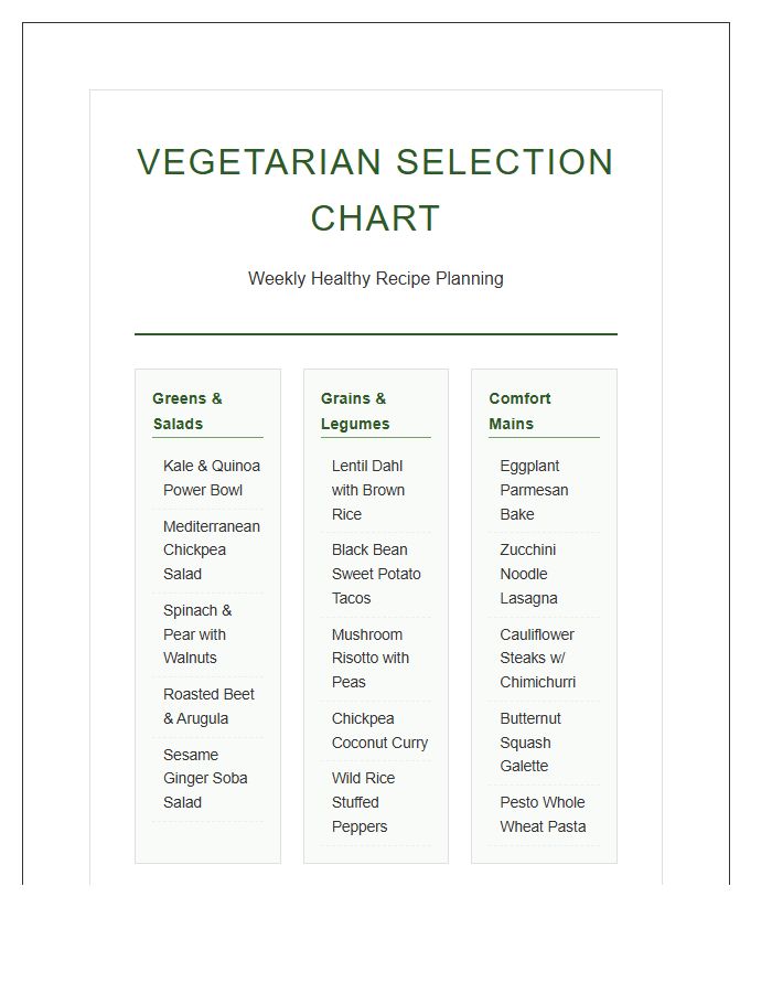 Healthy Vegetarian Recipe Selection Printable Chart