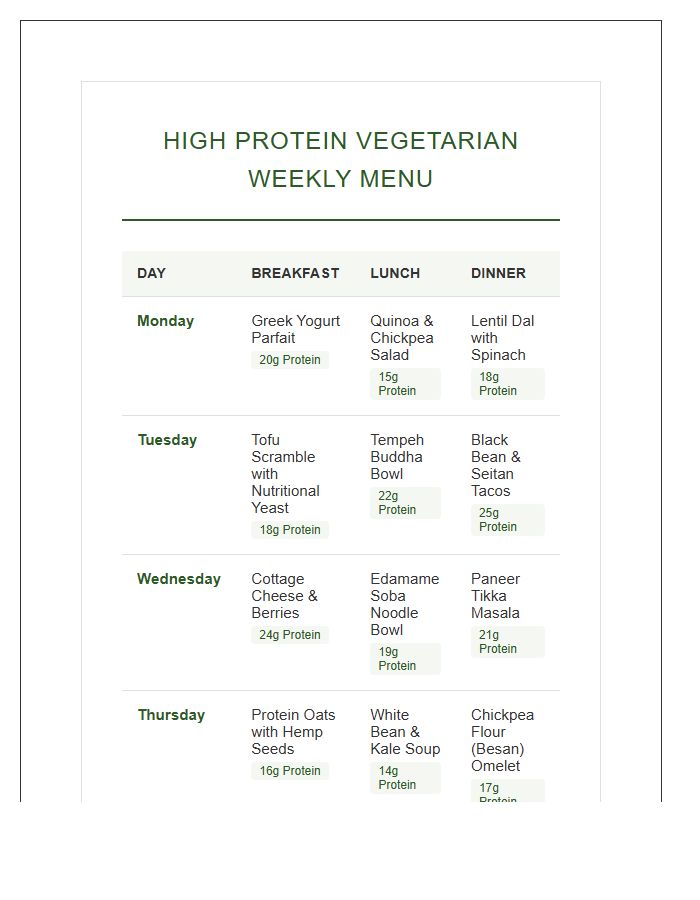 High Protein Vegetarian Meal Printable Chart
